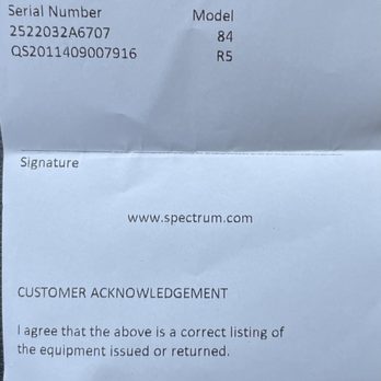 Spectrum - A Spectrum equipment return receipt printed on white paper includes details such as the date (06/28/21), time (11:02 AM), cashier number (742), and receipt number. It lists equipment serial numbers and models, with some information blacked out. The receipt contains a signature line, Spectrum's website, and a customer acknowledgment statement confirming the accuracy of equipment listing and responsibility for damages. The document emphasizes returning equipment in good condition and understanding applicable fees. - Internet Service Providers Near Me - Burbank, California
