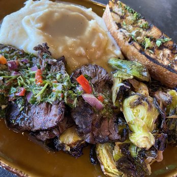 Urban Plates - Chimichurri Grass Fed Steak Plate with mash potatoes, brussel sprouts - New American Near Me - Irvine, California Urban Plates - Chimichurri Grass Fed Steak Plate with mash potatoes, brussel sprouts - New American Near Me - Irvine, California