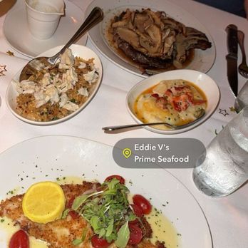 Eddie V's Prime Seafood - 22 ounce Ribbeye; Dover curated sole fish ; lobster Butter Poached Lobster Mashed Potatoes; Crab Fried Rice - Seafood Near Me - Troy, Michigan Eddie V's Prime Seafood - 22 ounce Ribbeye; Dover curated sole fish ; lobster Butter Poached Lobster Mashed Potatoes; Crab Fried Rice - Seafood Near Me - Troy, Michigan