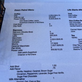 Dawn Patrol Coffee - Menu 11/22/25 - Coffee & Tea Near Me - Half Moon Bay, California