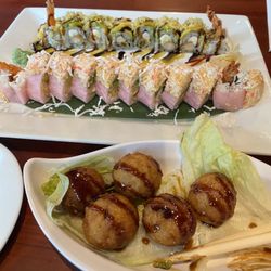 Front to back, takoyaki, Sakura roll, Heaven roll (appropriately named).