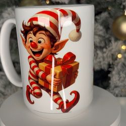 Events TaSu Plus - White 15 oz mug with a special Christmas elf design, able to customize