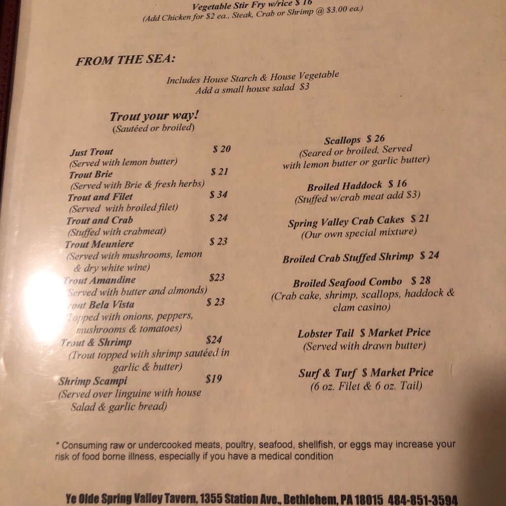 Spring Valley Tavern - The interesting seafood menu. - American Near Me - Bethlehem, Pennsylvania Spring Valley Tavern - The interesting seafood menu. - American Near Me - Bethlehem, Pennsylvania