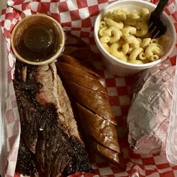 2 meat combo brisket and sausage with Mac & Cheese with corn
