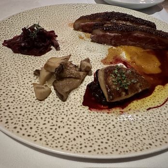 Michael Mina - Muscovy Duck Breast & Foie Gras Honeynut Squash, Chanterelle, Red Cabbage, Huckleberry Jus - New American Near Me - Las Vegas, Nevada
