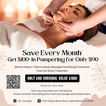 Healing Lotus Head Spa Massage - Save Every Month: Get $100+ in Pampering for Only $90 - Massage Therapy Near Me - Virginia Beach, Virginia Healing Lotus Head Spa Massage - Save Every Month: Get $100+ in Pampering for Only $90 - Massage Therapy Near Me - Virginia Beach, Virginia