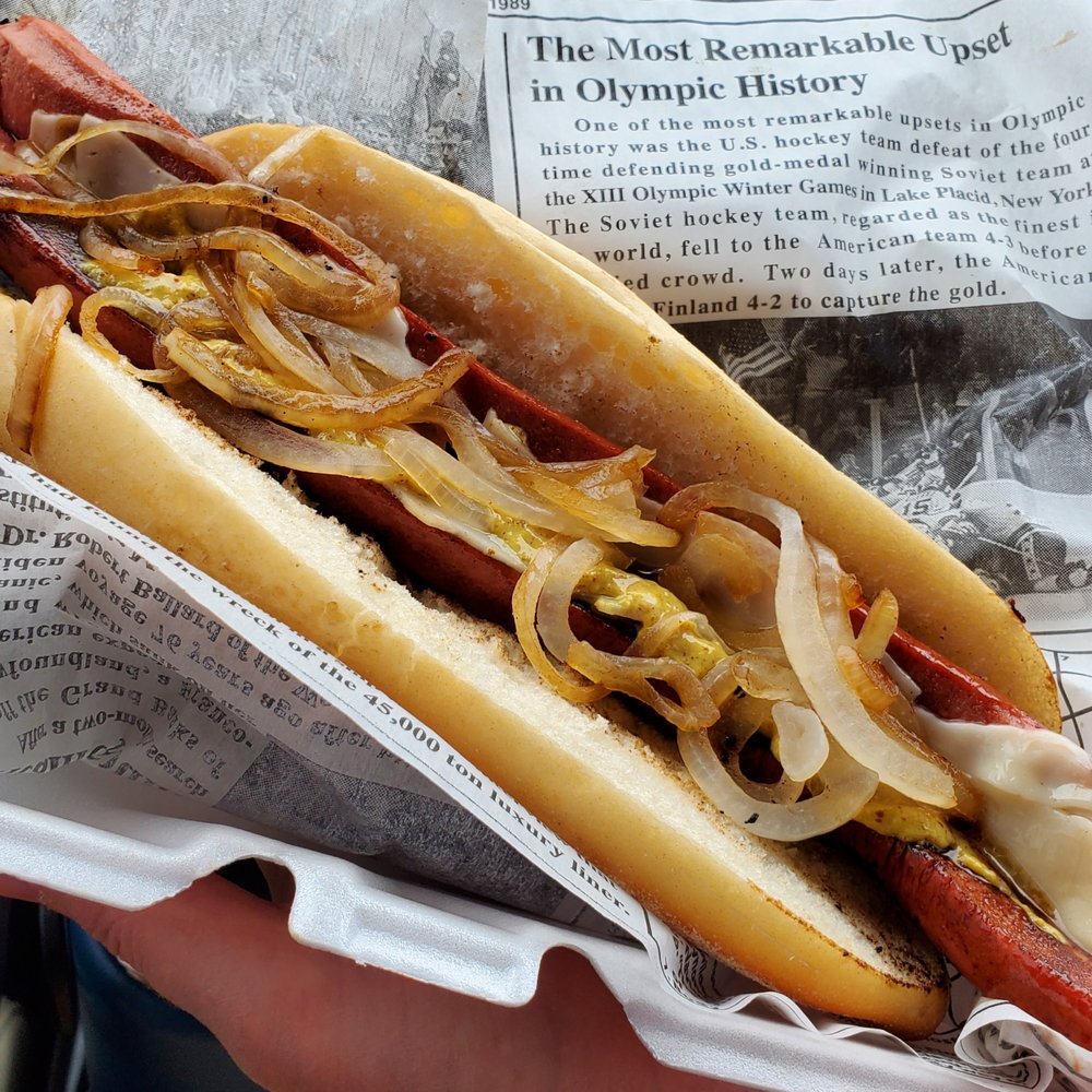 Footlong South Philly Dog:
provolone cheese, onions, spicy mustard Footlong South Philly Dog:
provolone cheese, onions, spicy mustard