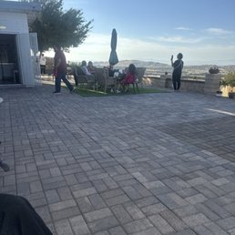 Patio seating area overlooking lake