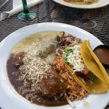 La Cueva Cafe - Chile Relleno,  Chicken mole enchilada and beef taco - Mexican Near Me - Taos, New Mexico