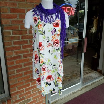 M Hillards - Printed sleeveless dress with white lace and purple scarf. - Women's Clothing Near Me - Sparta Township, New Jersey