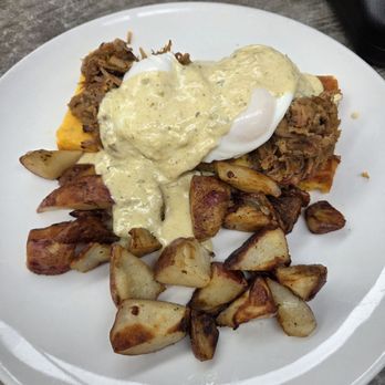 Blue Willow Restaurant & Gift Shop - Sonoran Benedict with Carnita over Cornbread. - New American Near Me - Tucson, Arizona