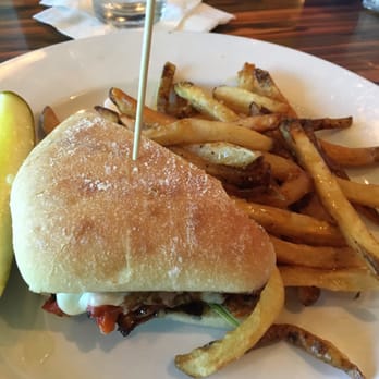 Blue Moon Beach Grill - Portobello mushroom sandwich (I only got half of one) with skinny fries and pickle. - Seafood Near Me - Nags Head, North Carolina