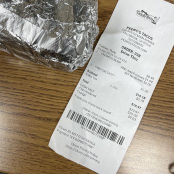Pedro's Tacos - Receipt - Tacos Near Me - Fallbrook, California