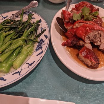 Kirin Restaurant - choy sum with garlic (left) and Cantonese style roast duck (right) - Seafood Near Me - Honolulu, Hawaii Kirin Restaurant - choy sum with garlic (left) and Cantonese style roast duck (right) - Seafood Near Me - Honolulu, Hawaii