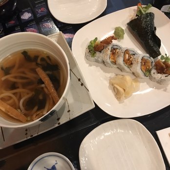 Sushi Zen - Udon on the left, dragon rolls on the right, and hand-roll salmon skin - Sushi Bars Near Me - Mill Creek, Washington Sushi Zen - Udon on the left, dragon rolls on the right, and hand-roll salmon skin - Sushi Bars Near Me - Mill Creek, Washington
