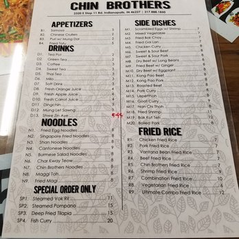 Chin Brothers Restaurant - Lunch menu (soups are available, but not listed) - Burmese Near Me - Indianapolis, Indiana Chin Brothers Restaurant - Lunch menu (soups are available, but not listed) - Burmese Near Me - Indianapolis, Indiana