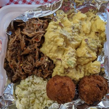 Chop Shop BBQ & Grill - Pulled pork with potato salad, hush puppies, and slaw. - Food Trucks Near Me - Raleigh, North Carolina