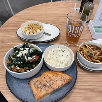 Dish Society - citrus salmon plate + harvest salad + smoked gouda grits, truffle mac and cheese, tortilla soup - Southern Near Me - Austin, Texas