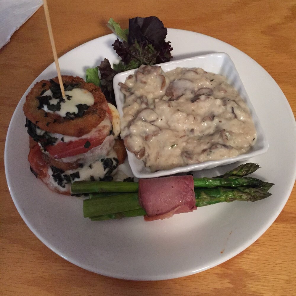 Sunset Bistro - Eggplant caprese, prosciutto wrapped asparagus and garlic and mushroom rice - American Near Me - Bowling Green, Ohio