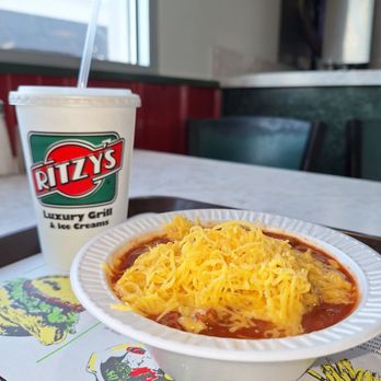 Ritzy's - Chili 3-way - spaghetti, chili, mound o' cheese, and a side of oyster crackers. Don't bother me. I'm eating. - American Near Me - Owensboro, Kentucky