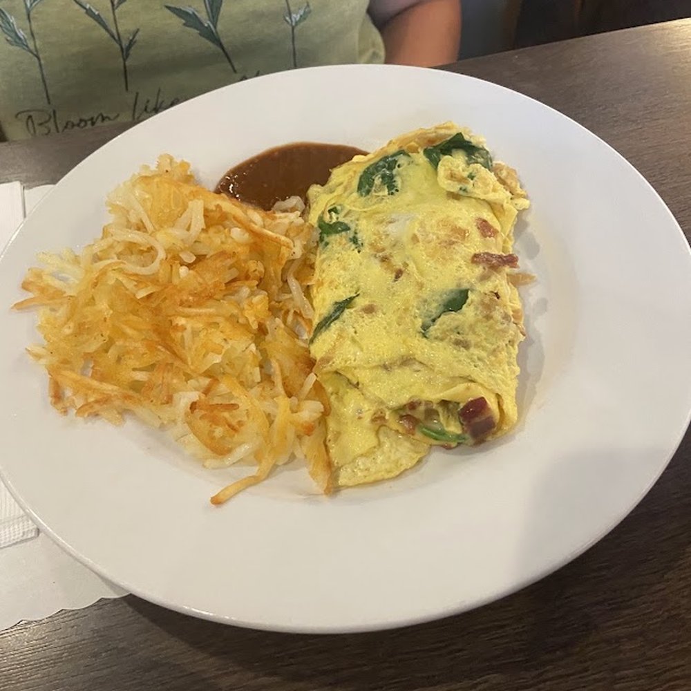 Longhouse Restaurant - Spinach Ham Omelette with hashbrown - New American Near Me - Gilroy, California Longhouse Restaurant - Spinach Ham Omelette with hashbrown - New American Near Me - Gilroy, California