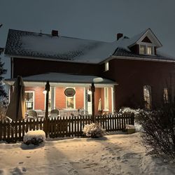 The Farmhouse at Jessup Farm - Front Entrance.  What a beautiful "Christmas-like" evening....