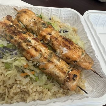 Teriyaki Yogi - Salmon skewers with brown rice and vegetables - Chicken Shop Near Me - Palm Springs, California Teriyaki Yogi - Salmon skewers with brown rice and vegetables - Chicken Shop Near Me - Palm Springs, California