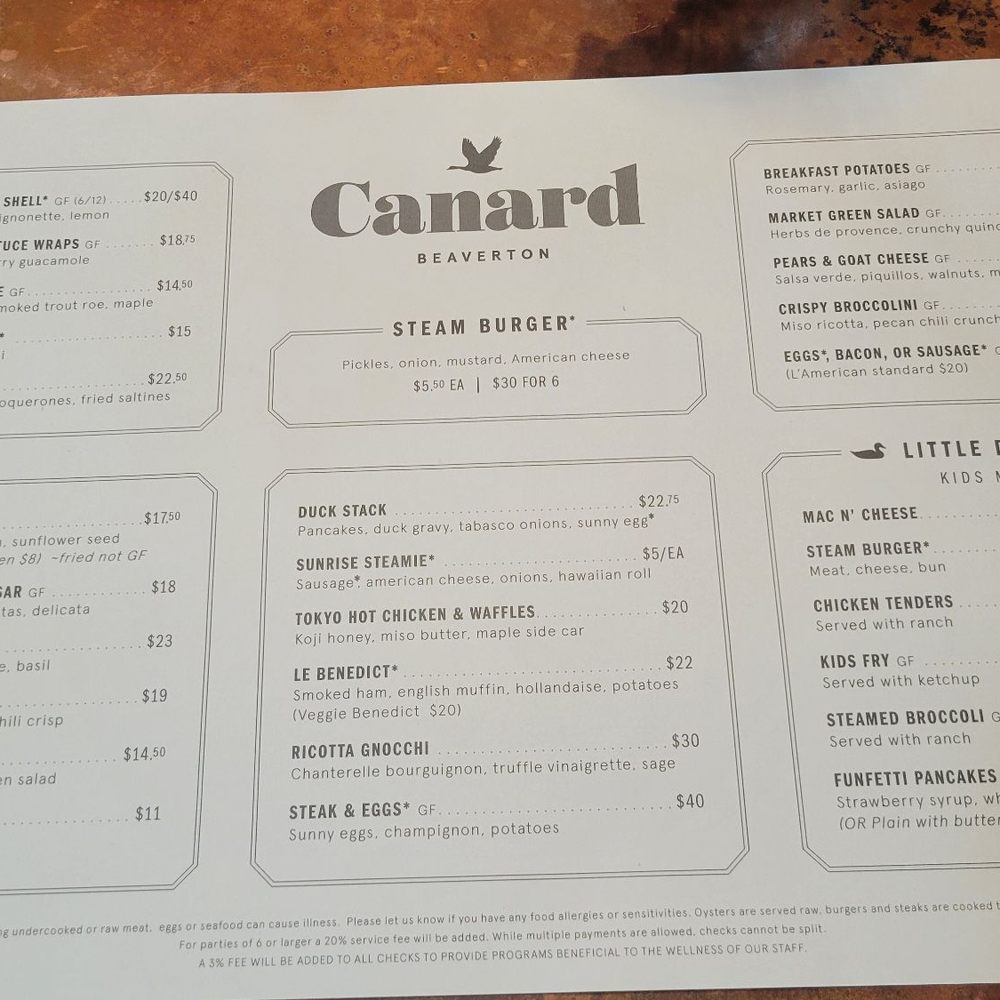 Canard - Menu (nov 2025) - New American Near Me - Beaverton, Oregon
