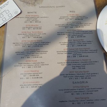 Miramonte Winery - Wine tasting menu.  I liked the 4th white one,  and sangrias. - Wineries Near Me - Temecula, California