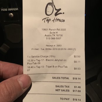 Oz. Tap House - Actual receipt - Beer Gardens Near Me - Austin, Texas Oz. Tap House - Actual receipt - Beer Gardens Near Me - Austin, Texas