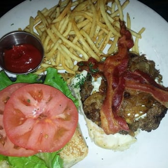 Portobello's Grill - Red Stick Burger medium rare with bacon & gorgonzola cheese -shoestring french fries equally delicious! - Cajun/Creole Near Me - Baton Rouge, Louisiana Portobello's Grill - Red Stick Burger medium rare with bacon & gorgonzola cheese -shoestring french fries equally delicious! - Cajun/Creole Near Me - Baton Rouge, Louisiana