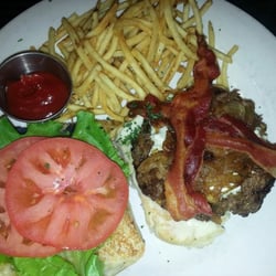 Portobello's Grill - Red Stick Burger medium rare with bacon & gorgonzola cheese -shoestring french fries equally delicious!