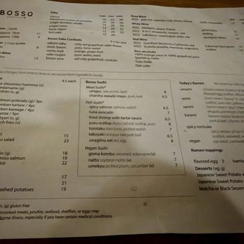 Bosso Ramen Tavern - Menu as of April 2026 - Ramen Near Me - Cambridge, Massachusetts