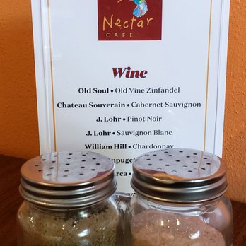 Nectar Cafe - pepper and pink salt shakers. wine menu - Vegetarian Near Me - Auburn, California