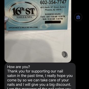 16th St Nails & Spa - Message from manager after I posted the review - Waxing Near Me - Phoenix, Arizona 16th St Nails & Spa - Message from manager after I posted the review - Waxing Near Me - Phoenix, Arizona