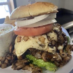 Clubhouse Brady Lake - Mushroom Swiss burger with lettuce, tomato, and onions