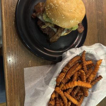 Zombie Burger + Drink Lab - Raygun burger with sweet potato fries - Burgers Near Me - Des Moines, Iowa Zombie Burger + Drink Lab - Raygun burger with sweet potato fries - Burgers Near Me - Des Moines, Iowa