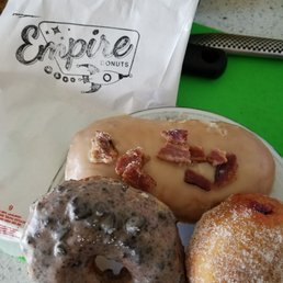 Maple Bacon Long John, Strawberry Stuffy and Cookies & Cream