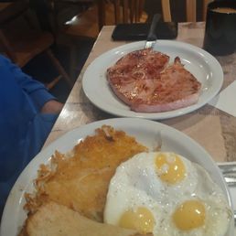 Ham breakfast with eggs, hash browns and toast Ham breakfast with eggs, hash browns and toast