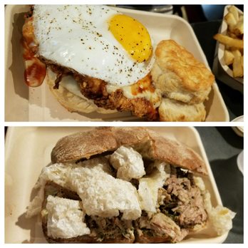 Burnt Crumbs - Fried chicken with biscuit and egg on top. Crispy pork with chicharrones on ciabatta - New American Near Me - Irvine, California Burnt Crumbs - Fried chicken with biscuit and egg on top. Crispy pork with chicharrones on ciabatta - New American Near Me - Irvine, California