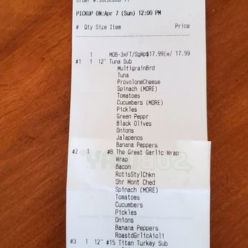 Subway - Detail receipt - Fast Food Near Me - Monument, Colorado