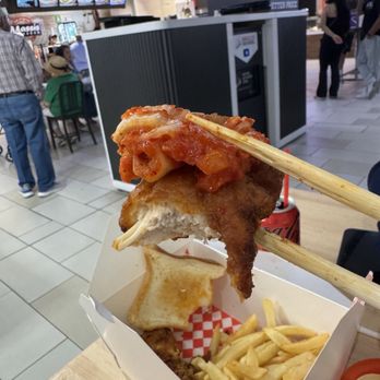 Burnin' Mouth - Insane hot chicken strip topped with kimchi!! Crispy, juicy, spicy... and that fermented kick from the kimchi takes it to another level. - Chicken Shop Near Me - Glendale, California