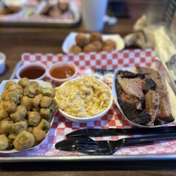 Southport Smoke House - Brisket Plate with 2 Sides, okra and Mac 'n cheese with a side of hush puppies