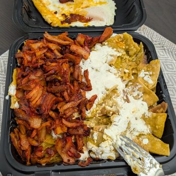 Don Chilaquiles - Chilaquiles with al pastor, green sauce, cheese, and over easy eggs - Mexican Near Me - La Puente, California