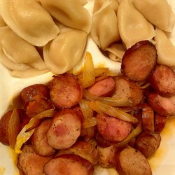 Kalinka - Cheese Perogies, Kielbasa and Carmelized Onions