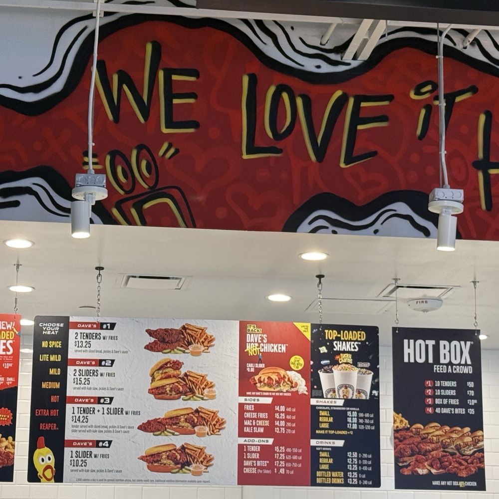 Dave's Hot Chicken - Menu and some of the wall art - Chicken Shop Near Me - Boynton Beach, Florida