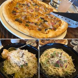 Speciality pizza, pasta carbonara, and special house made pasta with prawns...