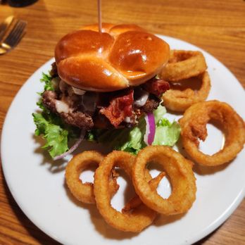Denny's - Avocados burger with onion rings (upgrade price $1.29) - American Near Me - Ventura, California