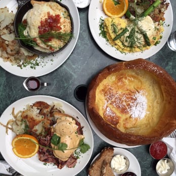 Plums Cafe - From L clockwise: shirred eggs, crab omelette, Dutch baby, Santa Fe eggs Benedict - Breakfast & Brunch Near Me - Costa Mesa, California