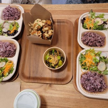 ACRE - Chicken Nanban Bento Box, Salmon Saikyo-Miso Bento Box, Chicken Karaage, Brussel Sprouts, Matcha Latte - Breakfast & Brunch Near Me - Brooklyn, New York